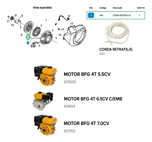 Corda Para Tampa De Partida Retrátil Motor 5.5/6.5/7.0 Cv